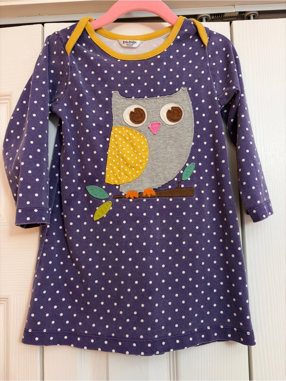 Mini Boden Purple Polka Dot Owl Dress with Yellow Accents